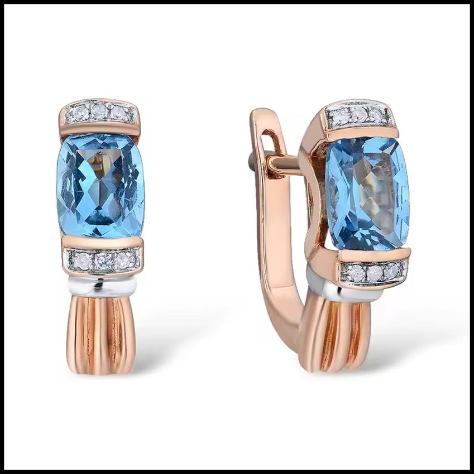 Rose gold earrings with blue gemstones and clear stones on a white background