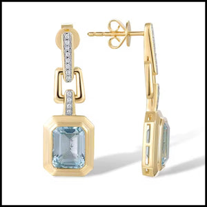Gold earrings with blue gemstones on a white background
