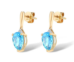 14K yellow gold Blue Topaz & Diamond stud earrings with pear-shaped Swiss blue topaz gemstones