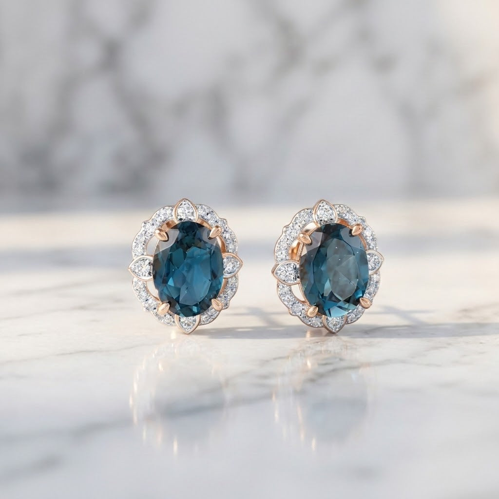 A pair of oval stud earrings with deep blue topaz gemstones surrounded by small clear natural diamond stones in a rose gold setting, displayed on a light marble surface.