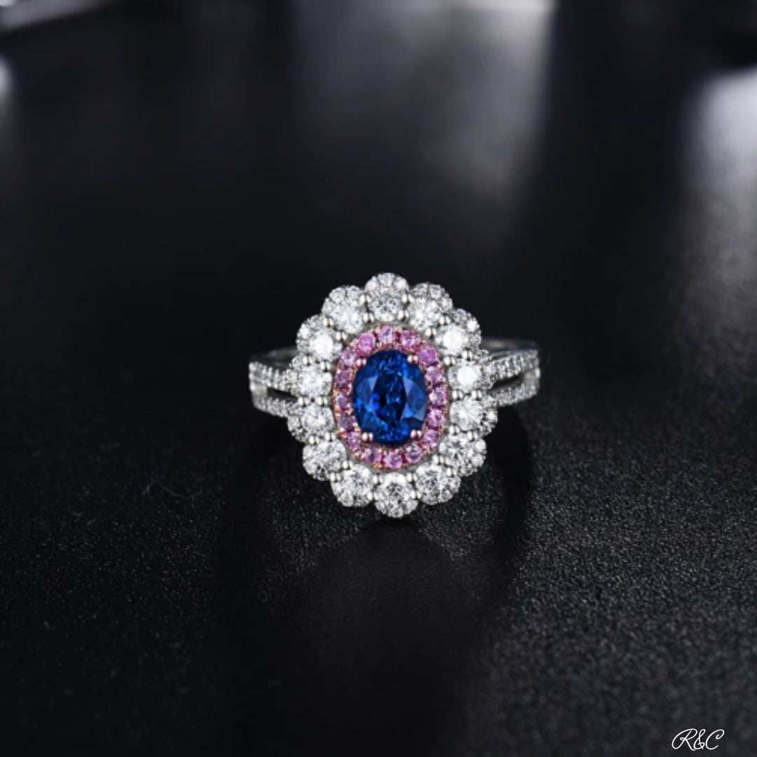 MEGHAN Sapphire & Diamonds 18K White Gold ring with oval blue sapphire, pink sapphires, and round diamonds dual design