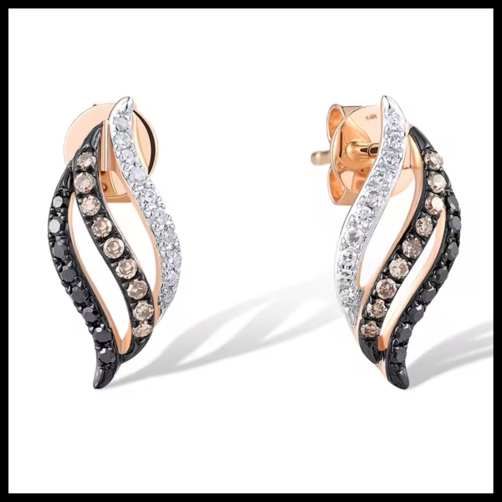 Gabriella Collection earrings with brown, black, and white diamonds in 14k rose gold