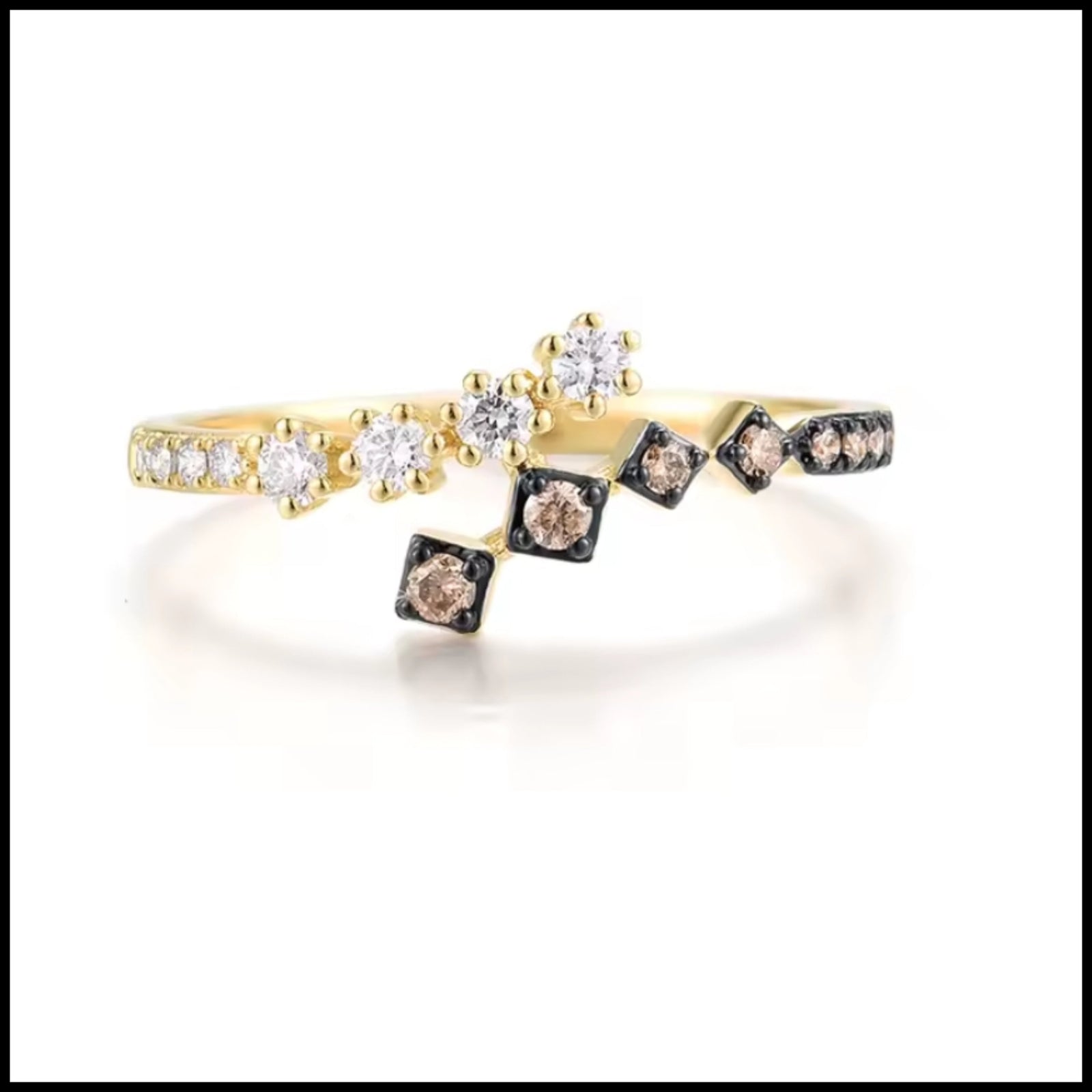 Gabriella White & Brown Diamond Ring in 14k yellow gold with alternating white and brown diamonds