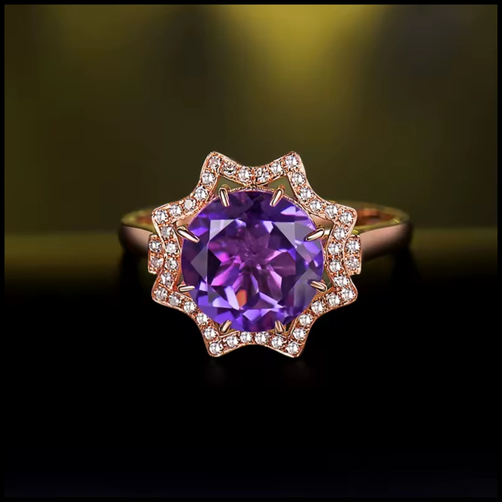Cara Amethyst Diamond ring in 18k rose gold with 2.755CT purple amethyst and round cut diamonds