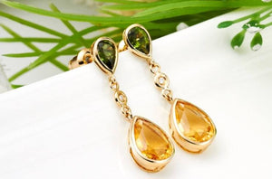 18K gold gemstone and diamond drop earrings with citrine and green tourmaline gemstones