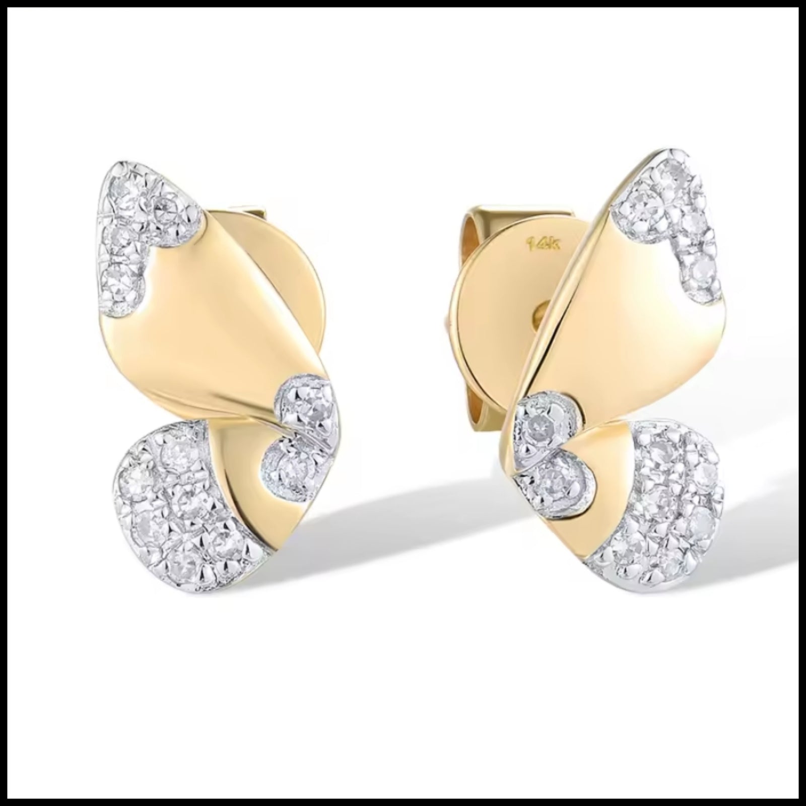 Gold earrings with diamond accents on a white background