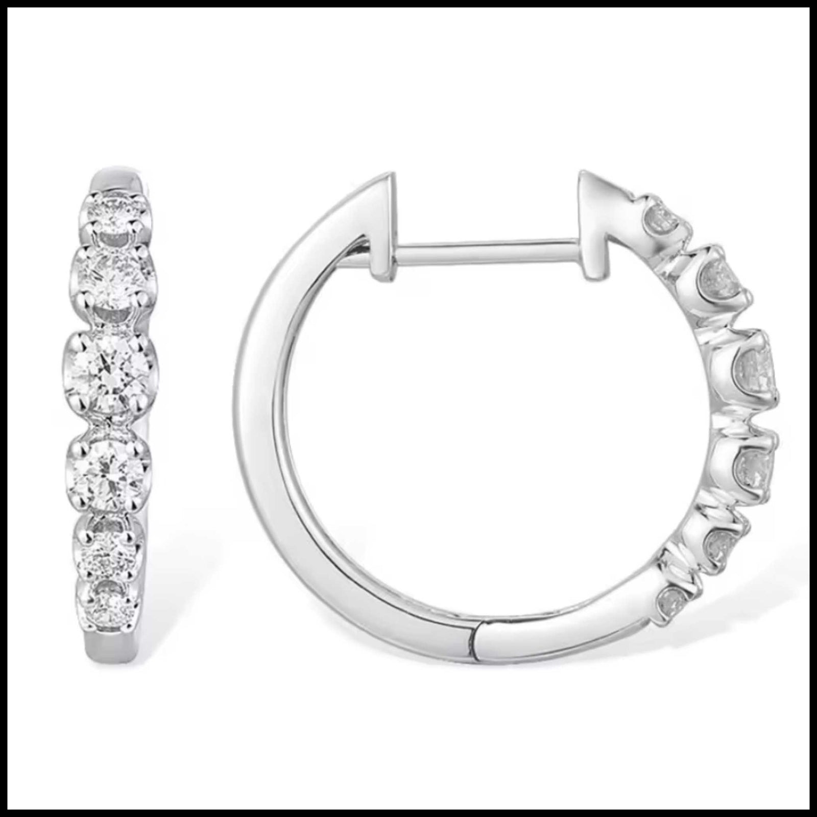 Diamond white gold hoop earrings with 12 natural diamonds totaling 0.36 carats, 14k solid gold, 3mm width, 15.5mm height, lightweight and elegant design