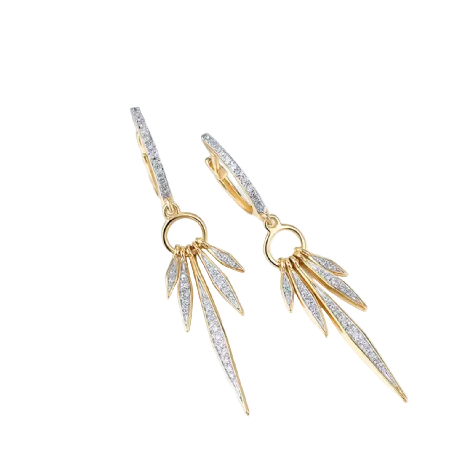 Feather hoop diamond long drop earrings in 14k yellow gold with natural diamond accents