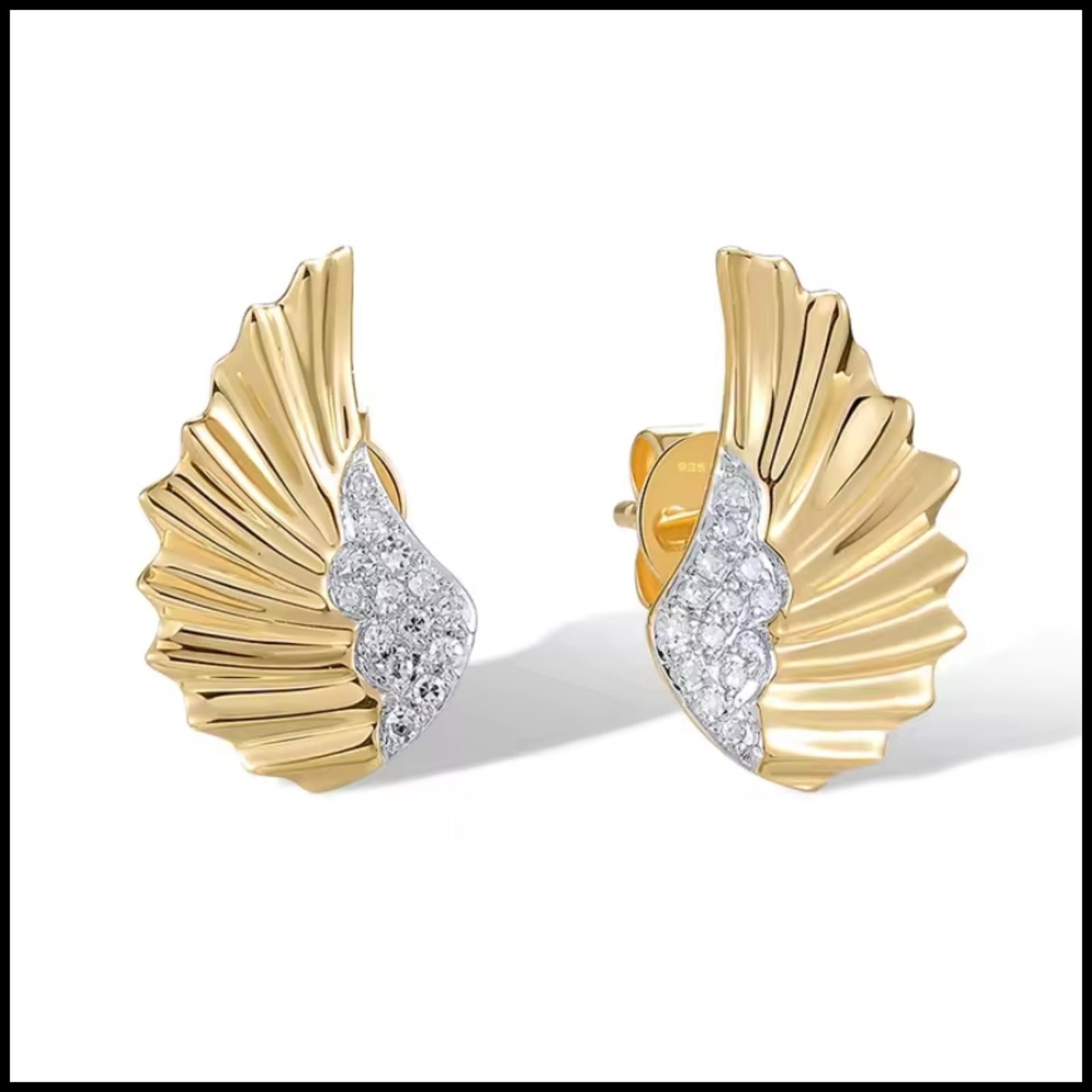 14k yellow gold diamond wing earrings with 28 natural diamonds totaling 0.07 carats, lightweight and elegant design.
