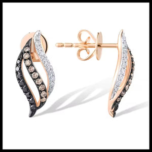 Gabriella Collection 14k rose gold earrings with brown, black, and white diamonds in elegant wave design