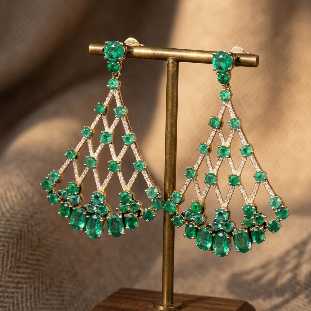 A pair of gold-tone dangle earrings with green natural gemstones and diamonds, displayed on a gold stand against a warm beige textured background.