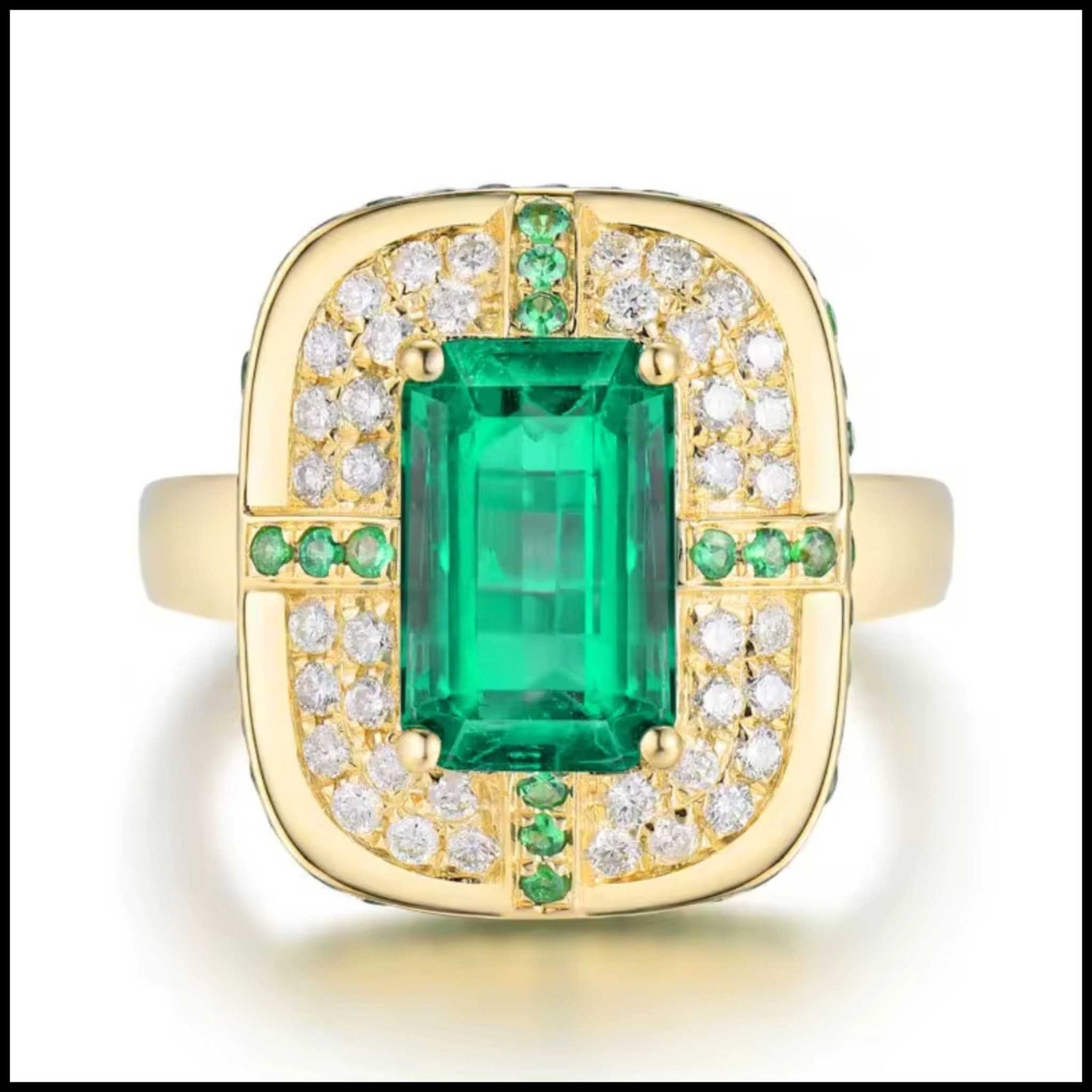 Emerald and diamond 18K yellow gold ring with 1.85ct emerald-cut emerald and 0.32ct round diamonds