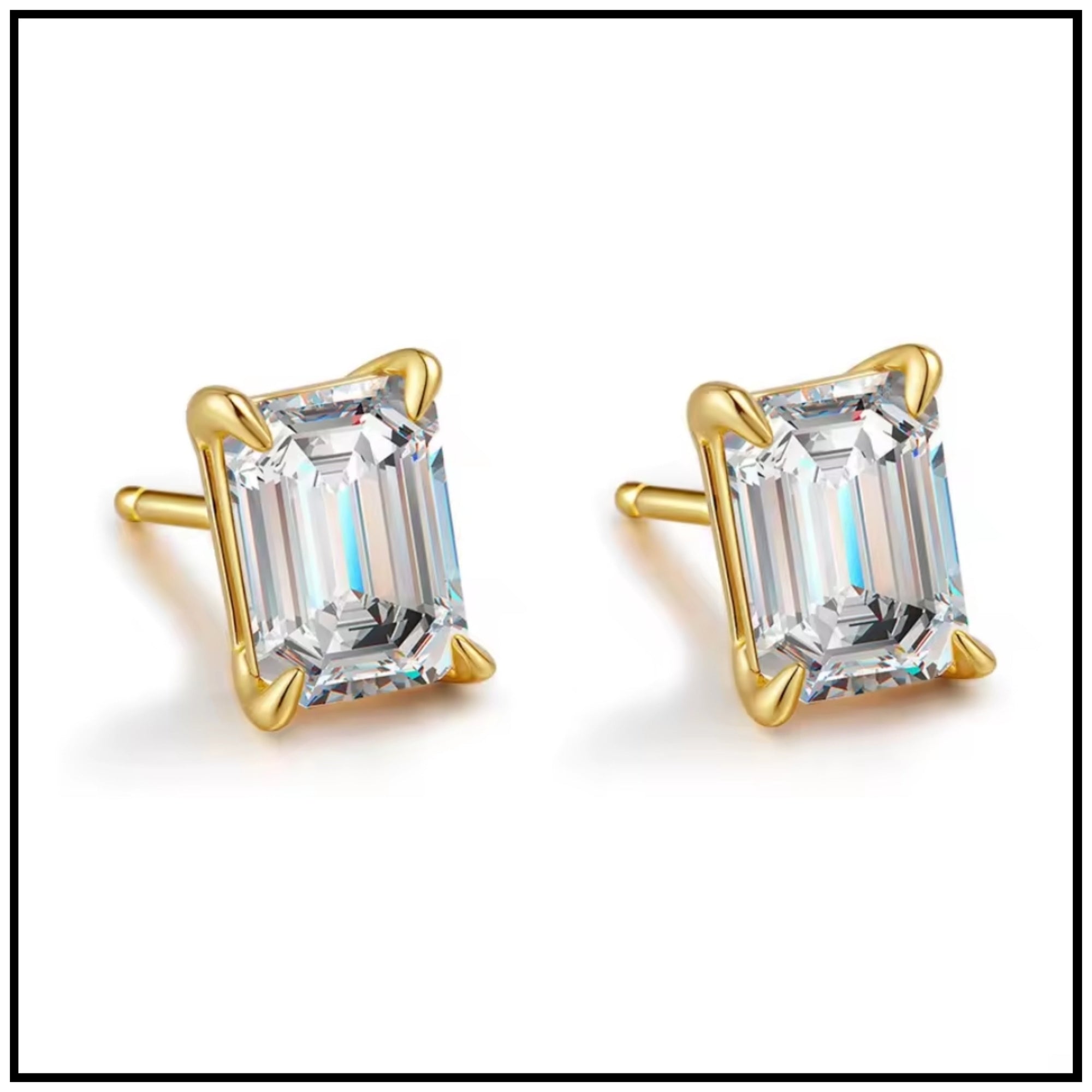 Pair of moissanite emerald cut stud earrings with 18k gold plated silver setting