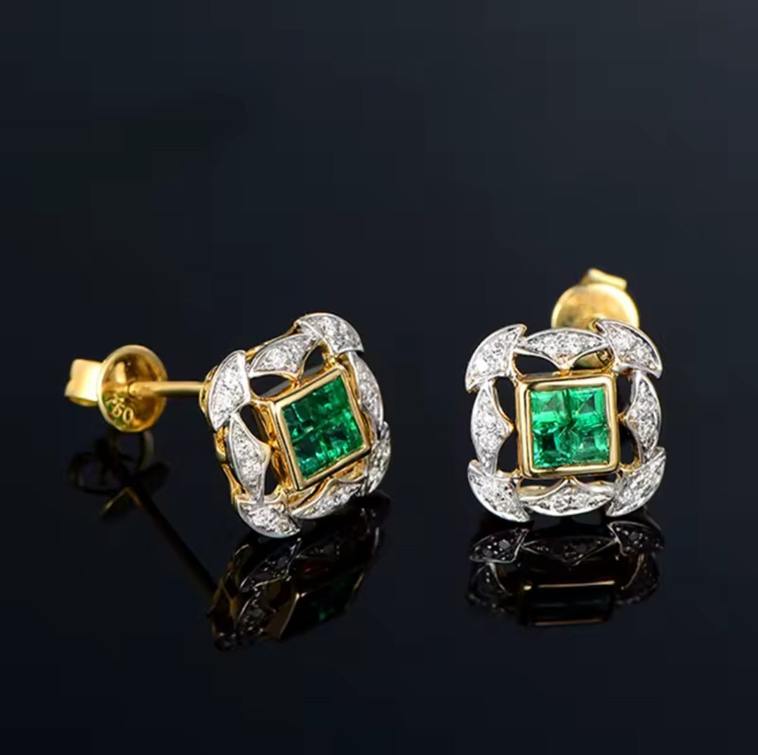 Emerald Diamond 18k Yellow Gold Earrings with square green stones in gold settings, framed by sparkling white diamonds.