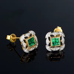 Emerald Diamond 18k Yellow Gold Earrings with square green stones in gold settings, framed by sparkling white diamonds.