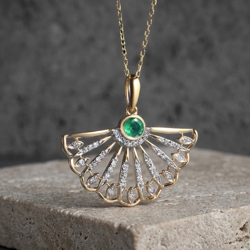 A gold pendant necklace with a fan-shaped design, featuring a round green emerald centre stone and small clear natural diamond stones along the rays, displayed on a textured stone surface against a dark gray background.