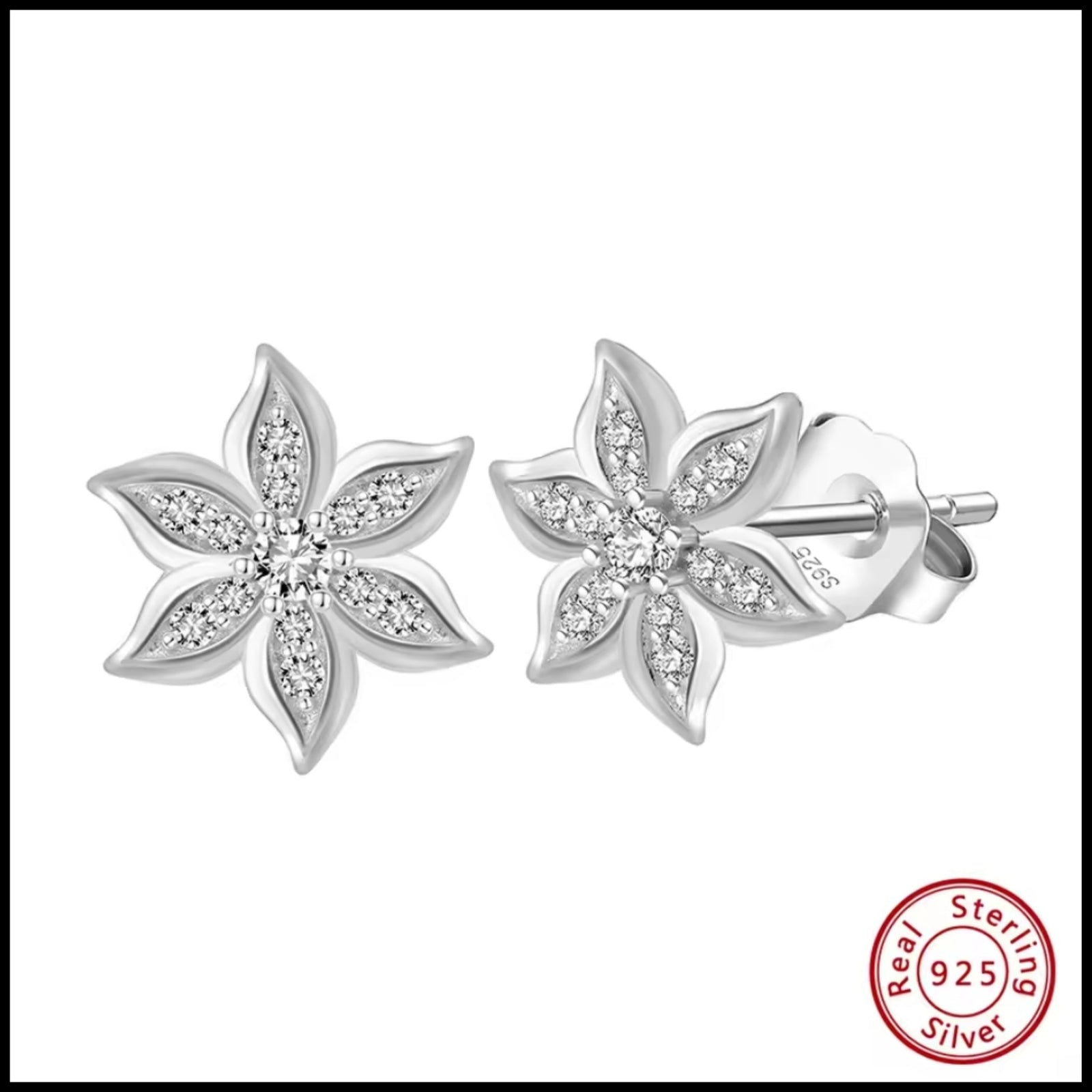 Flower design stud earrings in sterling silver with cubic zirconia stones and six-layer tarnish-resistant plating