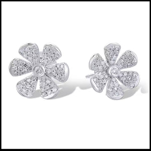 14k white gold flower diamond earrings with 110 natural diamonds totaling 0.25ct in floral design, 9mm x 10mm studs.