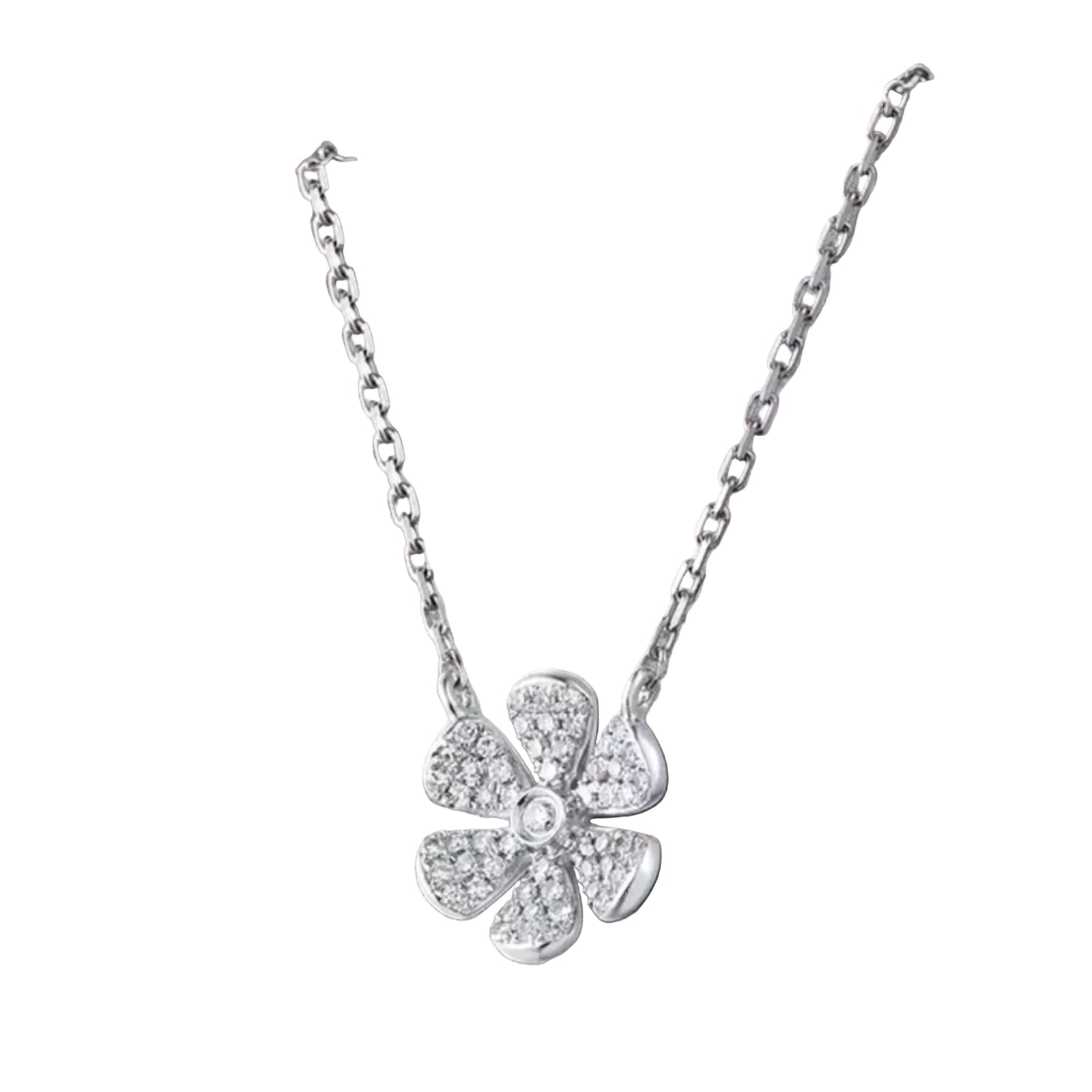 14k white gold flower diamond necklace with 55 natural diamonds totaling 0.13 carats