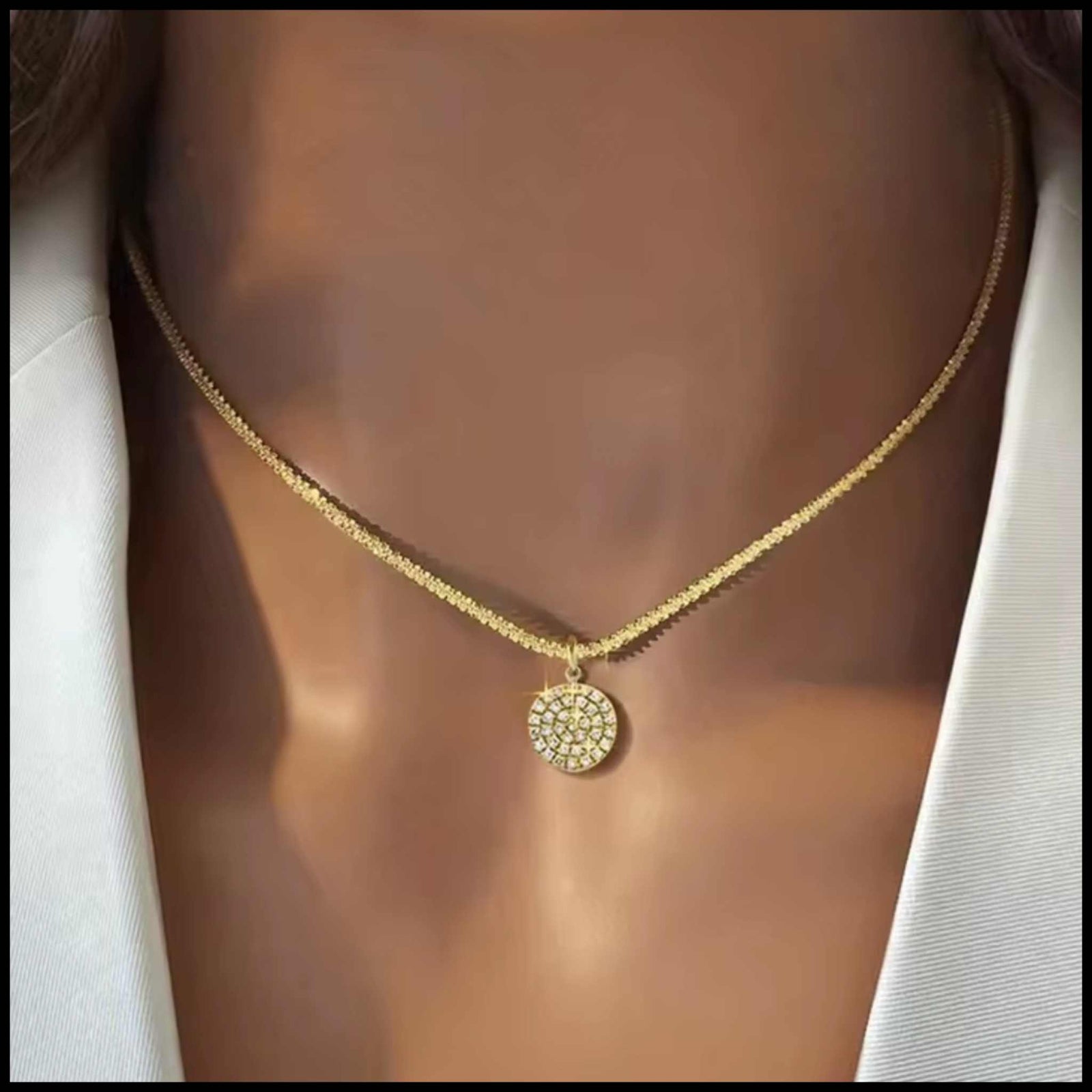 gold-plated zircon round pendant necklace on 42cm chain with extension elegant simple design