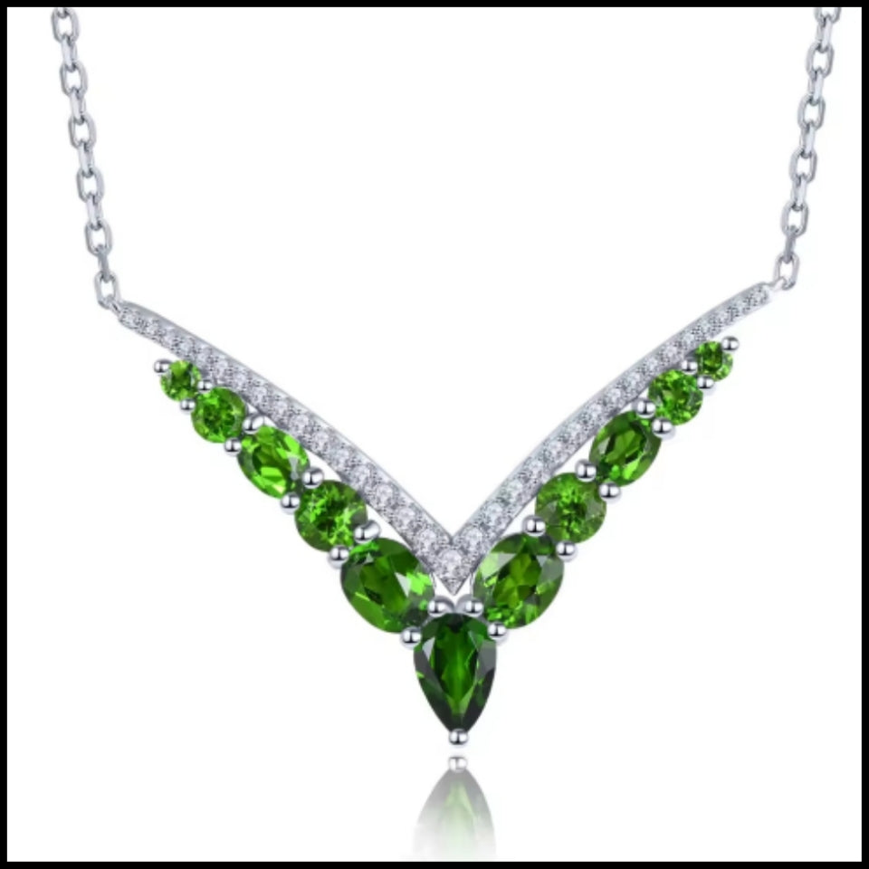 Natural Green Diopside Solid Silver Necklace