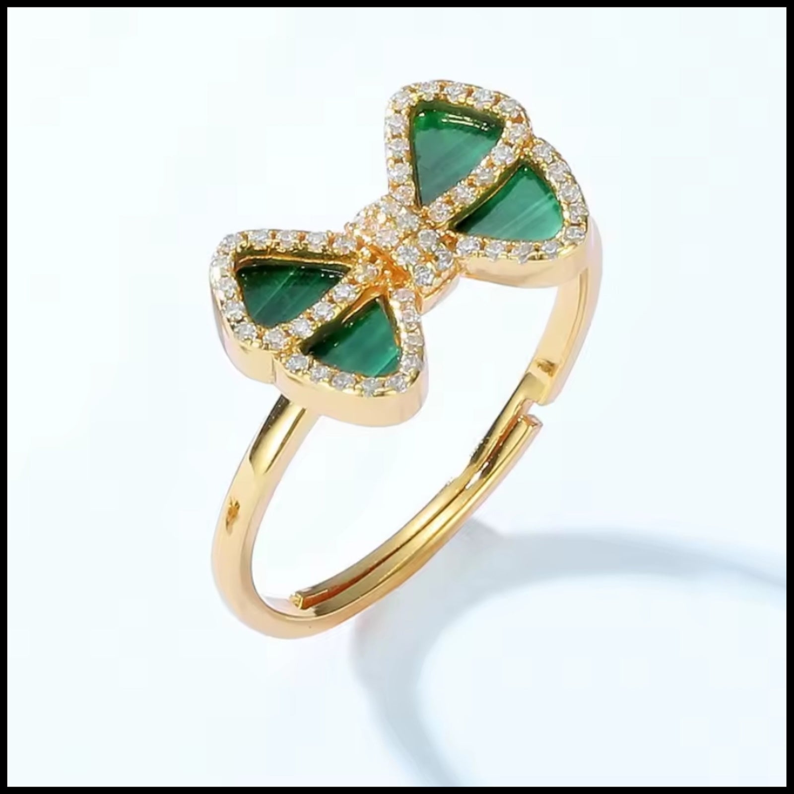 Butterfly bow knot green malachite adjustable gold plated ring with diamond accents