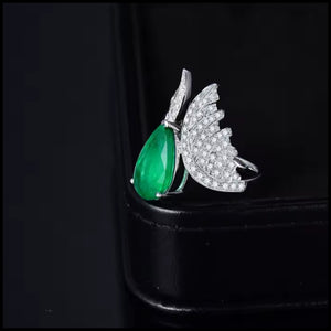 Emerald diamond wing design ring with 3.56ct natural emerald and 18k white gold setting