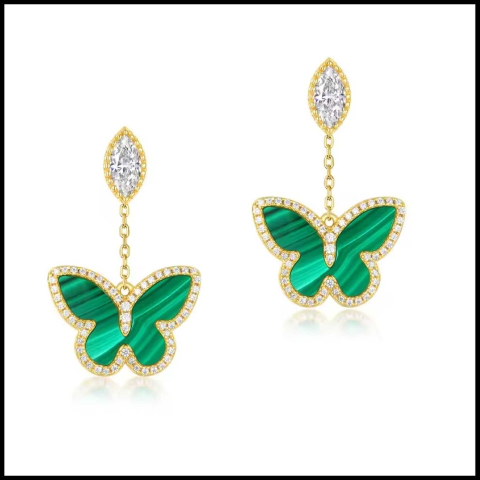 Green butterfly drop earrings with natural malachite stone and zirconia accents in gold-coated silver