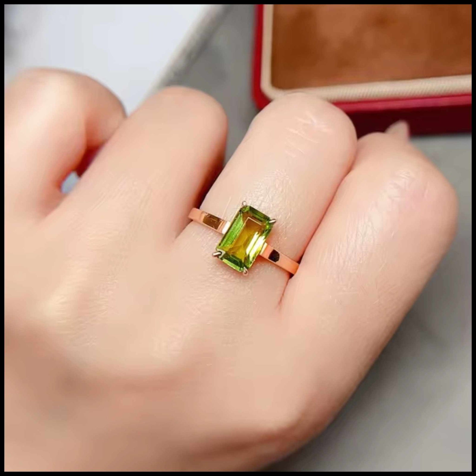 natural green tourmaline ring in 18k rose gold on hand