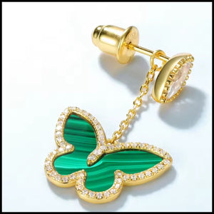 Gold butterfly earrings with green malachite stone and zirconia accents, handcrafted and tarnish-resistant