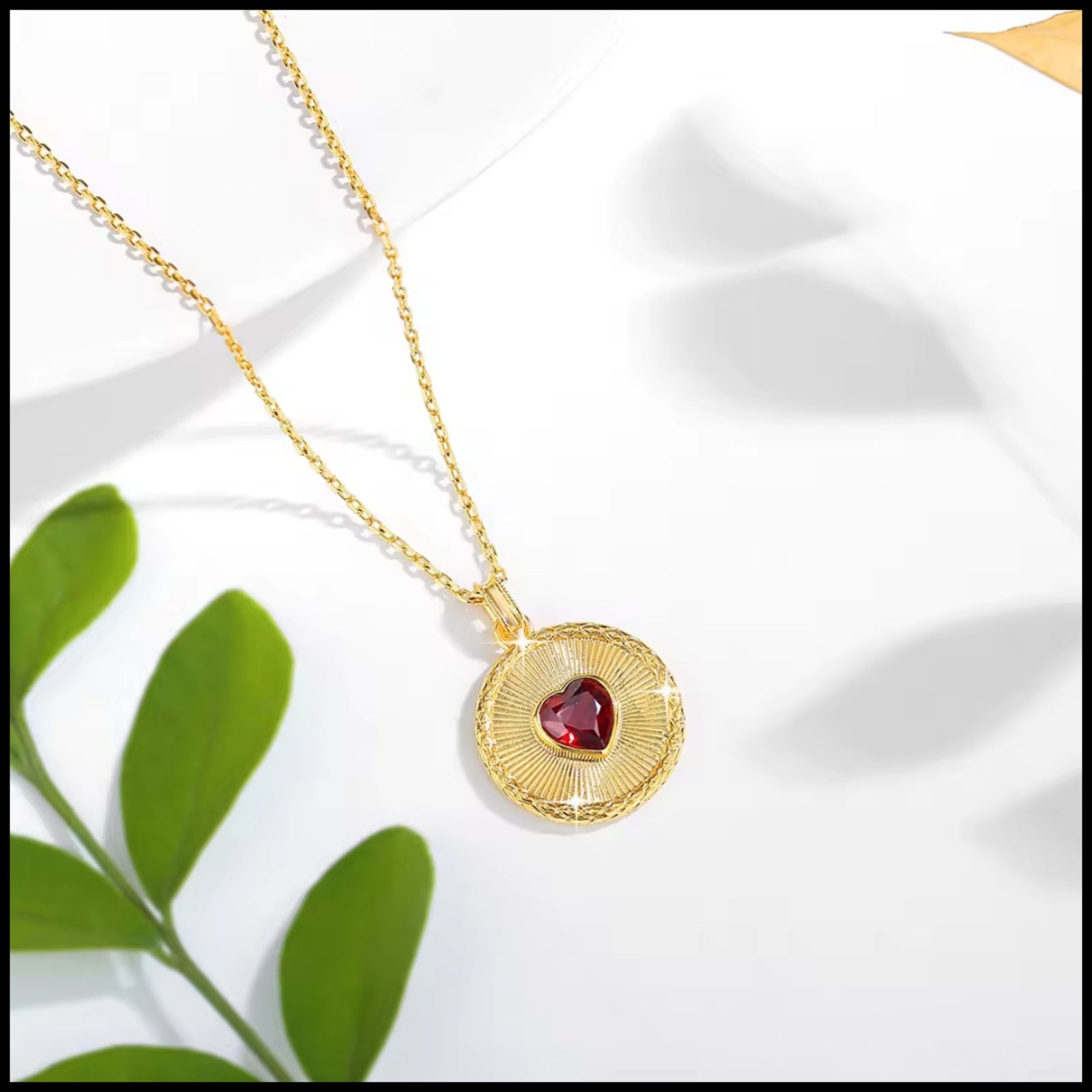 Red Garnet Heart Disk Necklace
