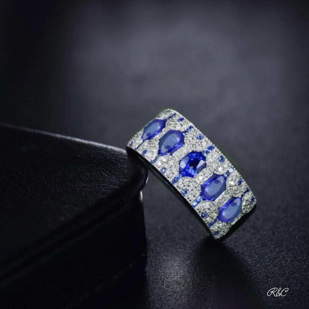 MONICA Emerald Diamond 18K Yellow Gold ring with blue gemstones and pave diamonds