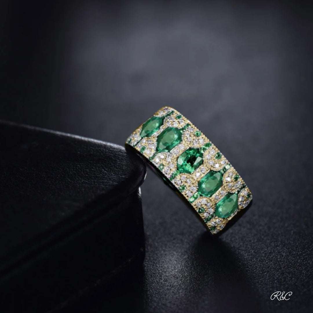 MONICA Emerald and Diamond 18K Yellow Gold Ring with natural emeralds and pave-set round diamonds