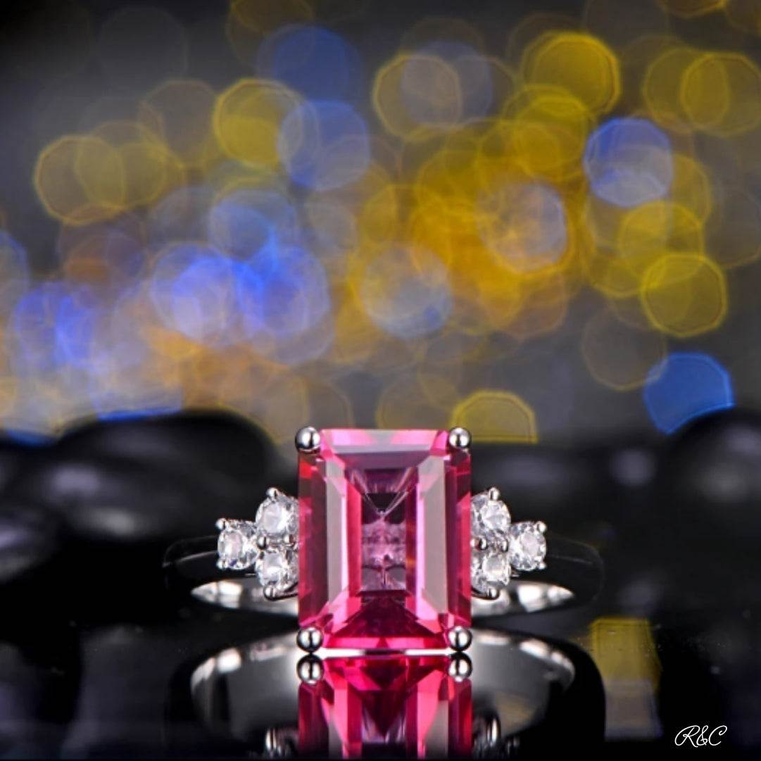 FUCHSIA Pink Topaz ring with emerald cut gemstone, white sapphire accents, set in 14K white gold
