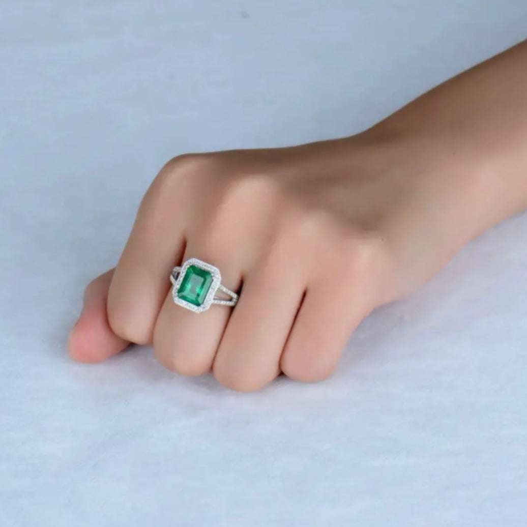 BRIGITTE Emerald ring with 3.25ct natural Colombian emerald and 0.94ct diamonds set in 18K white gold on hand