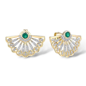 LAN - Collection - Emerald & Diamond Oriental Fan Design Earrings