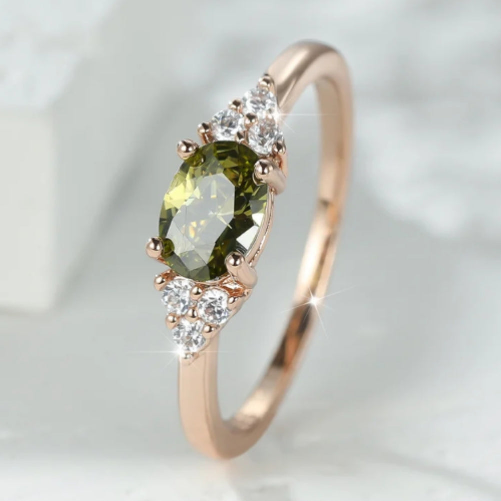 R&C Minimalistic Collection olive green stone and rose gold plated ring with zirconia accents