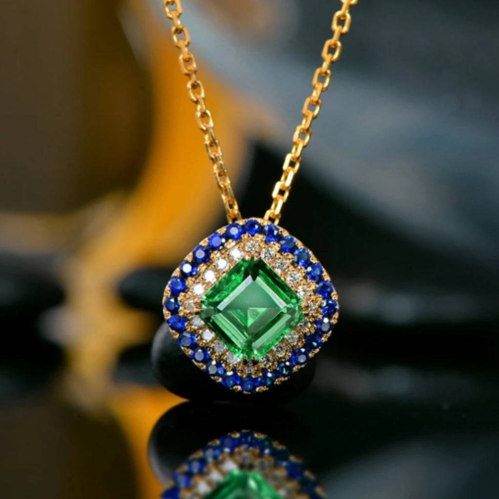 SIENNA necklace with antique emerald, diamonds, sapphires set in 14k yellow gold chain