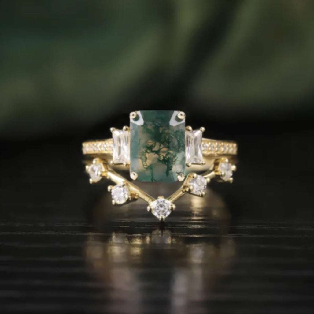 R&C Minimalistic Collection moss agate ring set with solid silver and yellow gold plating, three stone design, handcrafted jewelry