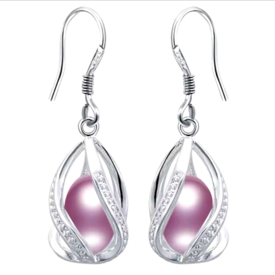 Pearl drop silver earrings with AAAA quality purple-pink natural pearls in sterling silver setting