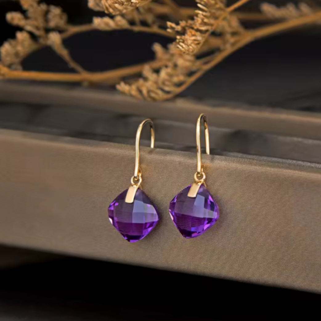 ELIZA earrings with purple amethyst cushion cut drop stones set in 14K yellow gold