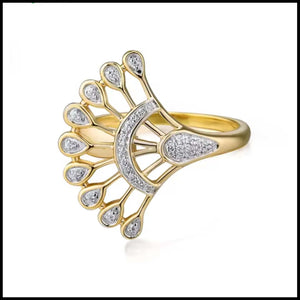 Oriental design diamond ring in 14k yellow gold with intricate fan-shaped pattern and pavé diamonds