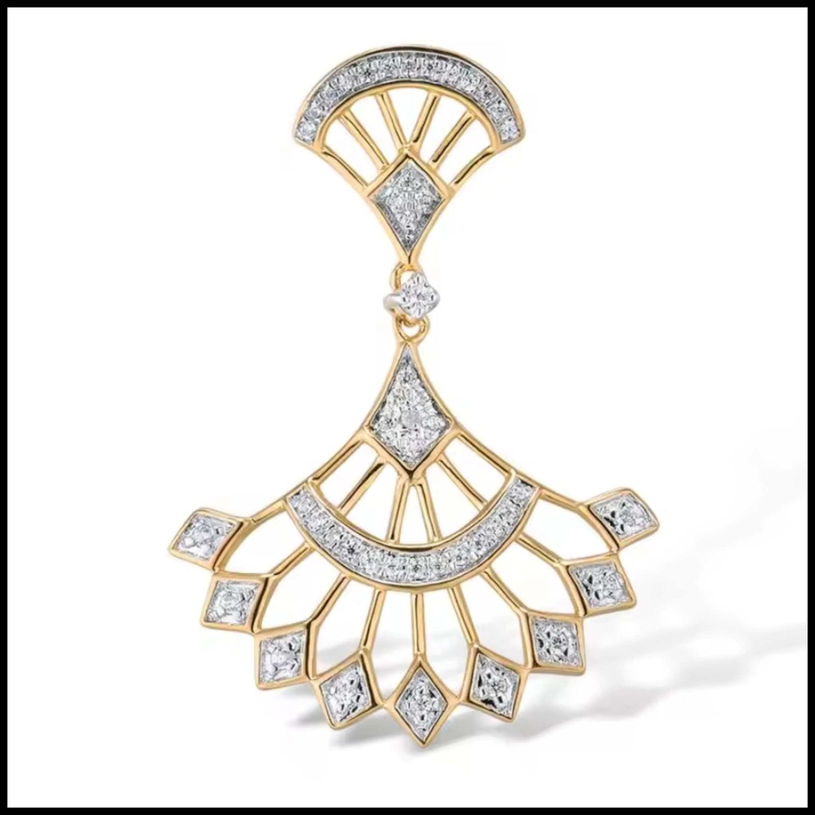 Oriental design diamond ring pendant set in 14k yellow gold with intricate details and natural diamonds