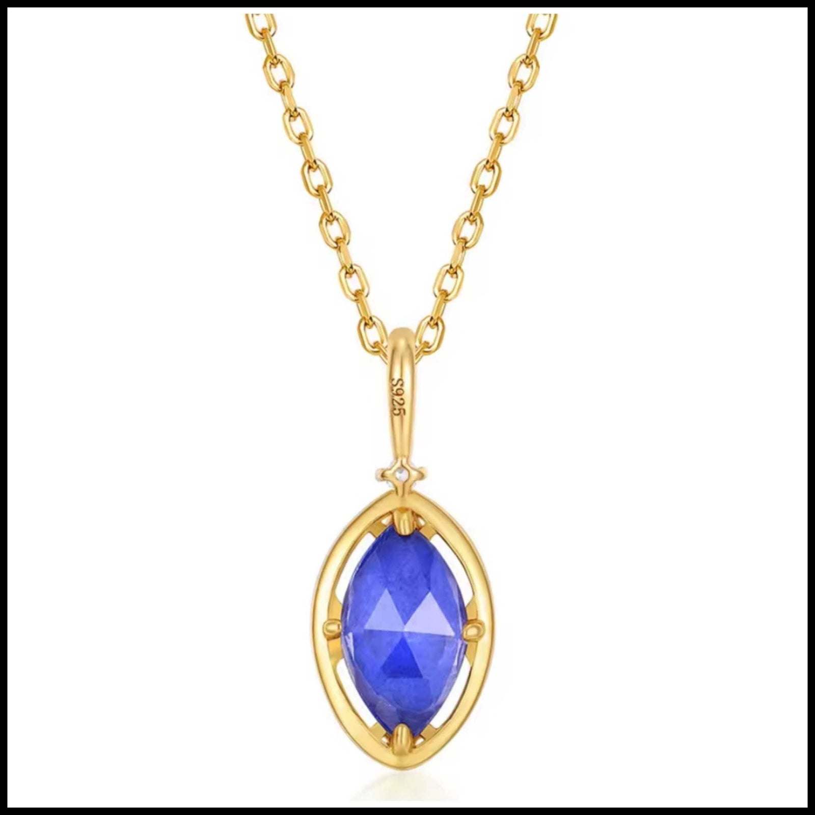Gold necklace with a blue gemstone pendant on a white background