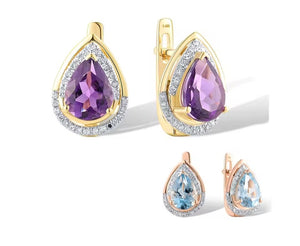 Teardrop-shaped earrings shown in two colourways: one with a purple amethyst centre and yellow gold halo with white diamond stones, and one with a light blue Topaz centre and rose gold halo with white  diamond stones, all on a white background.