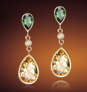 18K gold gemstone and diamond drop earrings with green tourmaline and citrine gemstones