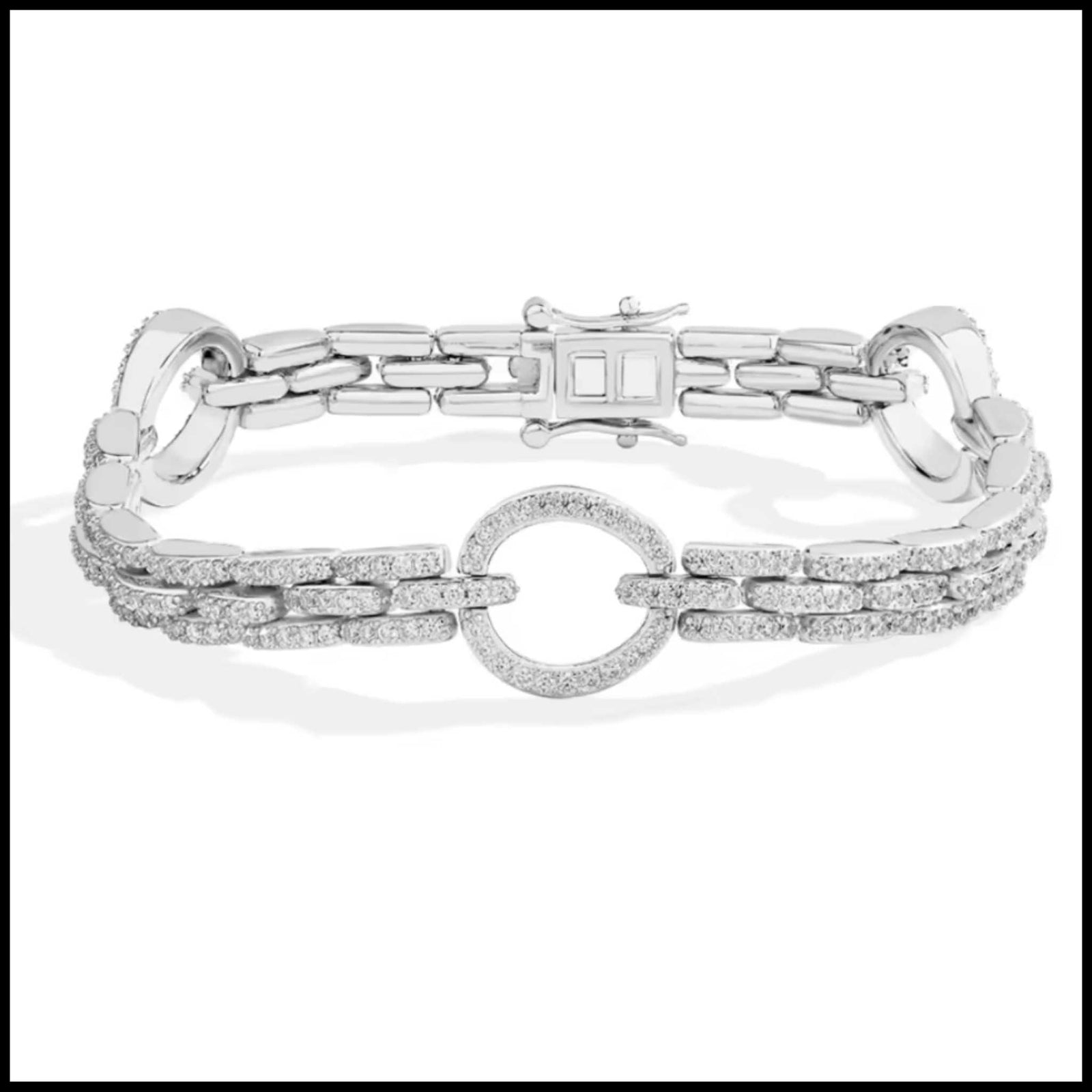 Moissanite round cut bracelet in solid silver with sparkling stones and circular centerpiece design