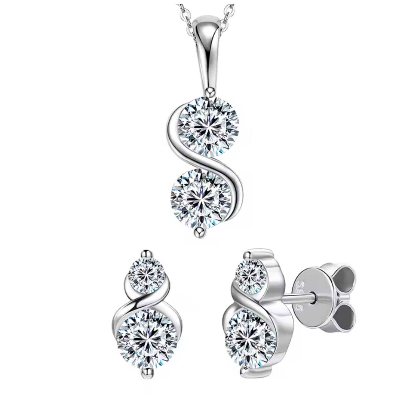 Moissanite necklace and earrings set with two round-cut stones in silver setting
