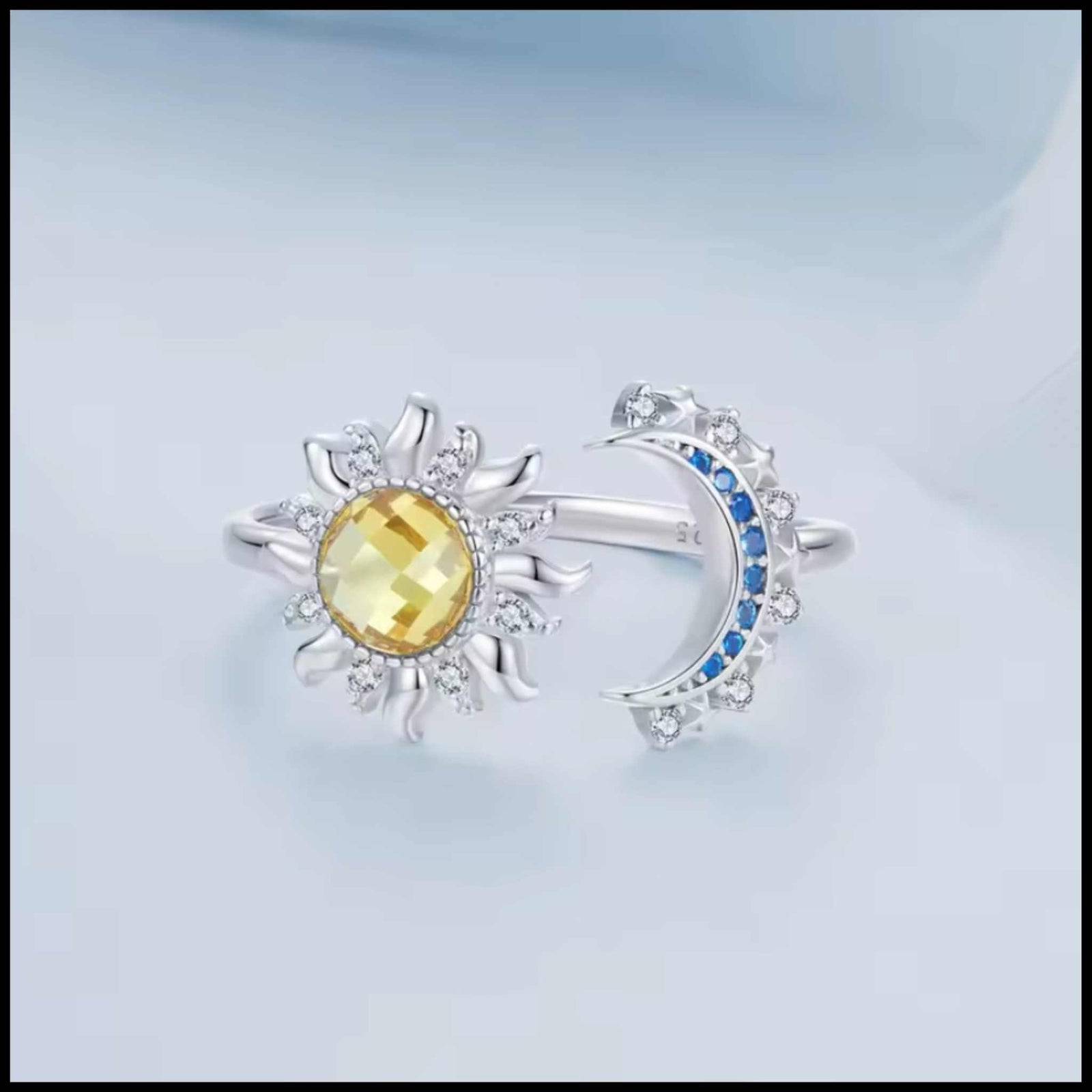 Moon & Star Silver Adjustable Ring with blue zirconia and yellow gemstone celestial design