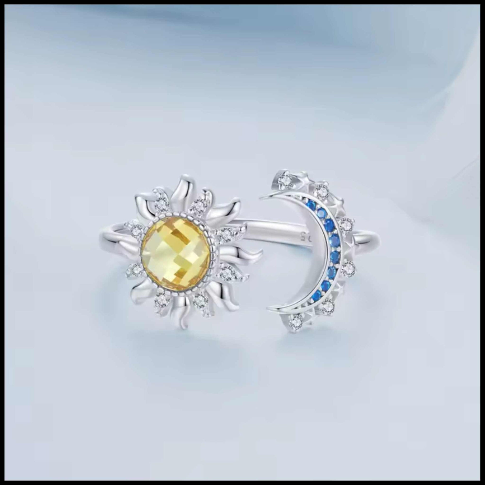 Moon & Star Silver Adjustable Ring with blue zirconia and yellow gemstone celestial design
